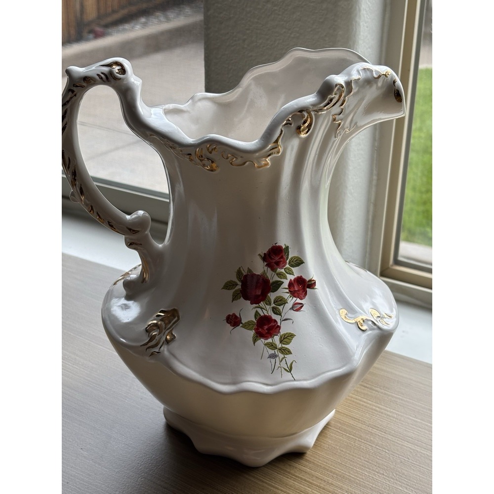 Beautiful Vintage Hobbyist 1977 Hand Painted Red Rose Ceramic Pitcher Vase
